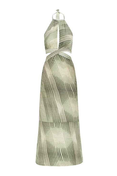 San Agustin Pleated Linen Midi Dress / Green Stripes